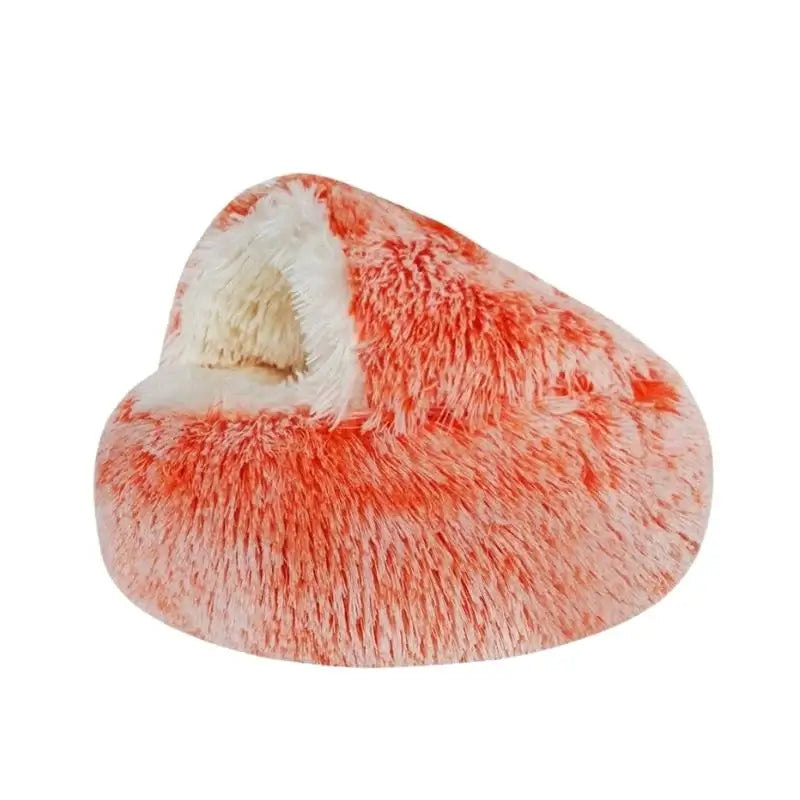Orange plush nesting cave bed for cats and small dogs (long plush version).