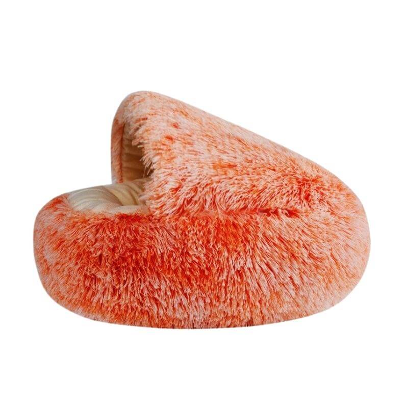 Orange plush nesting cave bed for cats and small dogs (short plush version).