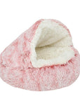 Pink plush nesting cave bed for cats and small dogs (long plush version).