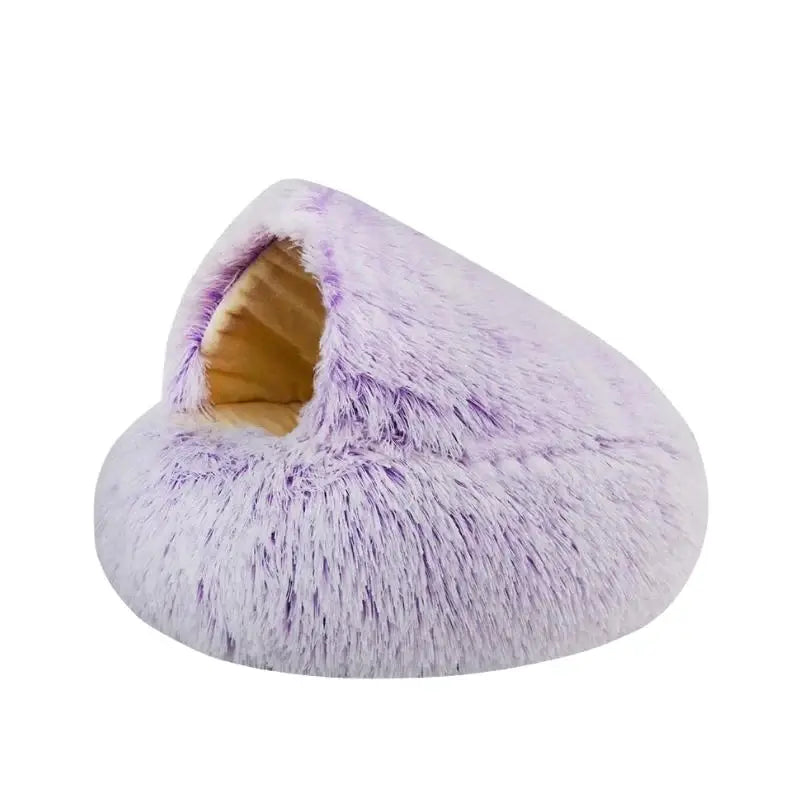 Purple plush nesting cave bed for cats and small dogs (short plush version).