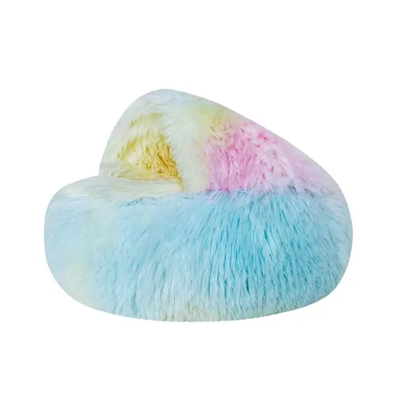 Rainbow plush nesting cave bed for cats and small dogs (long plush version).