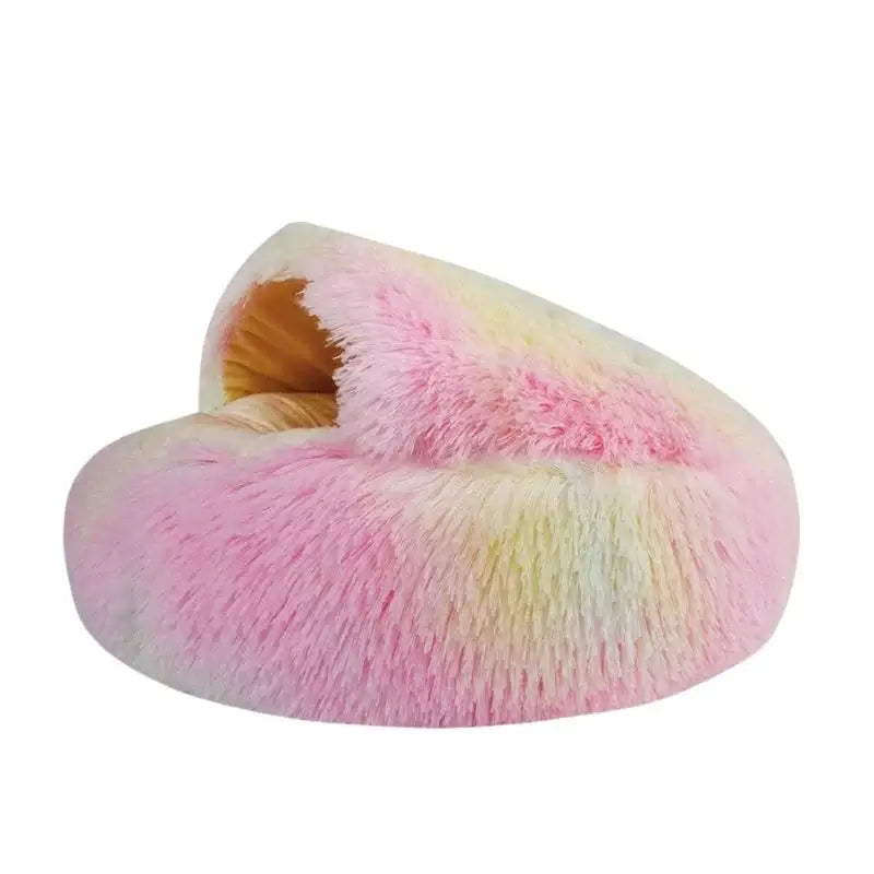 Rainbow plush nesting cave bed for cats and small dogs (short plush version).