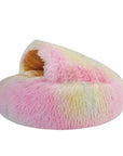 Rainbow plush nesting cave bed for cats and small dogs (short plush version).