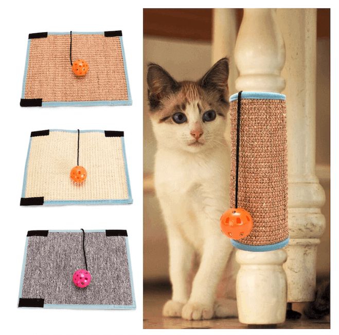 Three varieties of portable cat scratching mats (blond sisal, tan sisal, gray carpet).