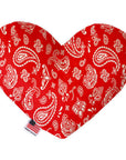 Heart shaped squeaker dog toy. Red western bandana paisley print. Made in USA label on bottom trim.
