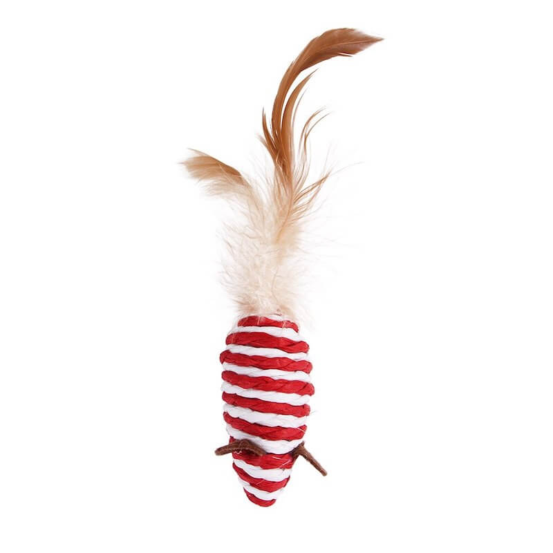 Natural sisal mouse and feather rattle toy.