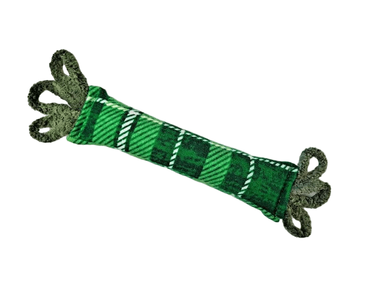 Green and white plaid fleece catnip kicker toy with looped trim.