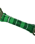 Green and white plaid fleece catnip kicker toy with looped trim.