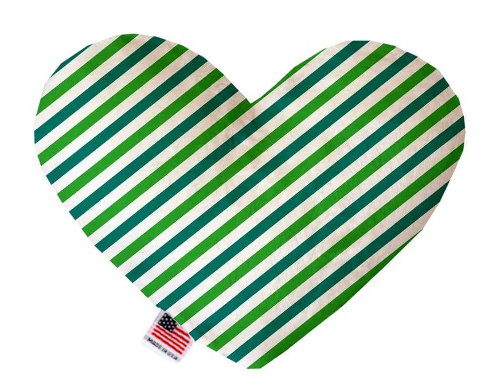 St. Patrick&#39;s Day themed heart shaped squeaker dog toy. White and green stripes. Made in USA label on bottom trim.