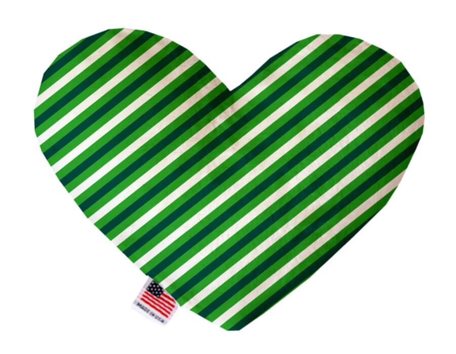 St. Patrick's Day themed heart shaped squeaker dog toy. Green and white stripes. Made in USA label on bottom trim.