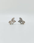 Sterling silver cat earring studs with moon shaped heads and cubic zirconia gemstones. Very small.