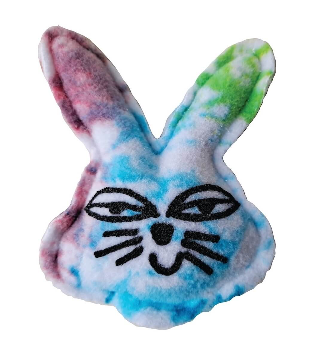 Fleece tie-die rabbit face cat toy filled with organic catnip.