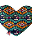 Heart shaped squeaker dog toy. Southwestern print. Main color is turquoise, with orange, pink, off-white and green accent colors. Made in USA label on bottom trim.