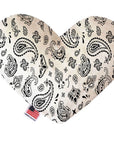 Heart shaped squeaker dog toy. White western bandana paisley print. Made in USA label on bottom trim.
